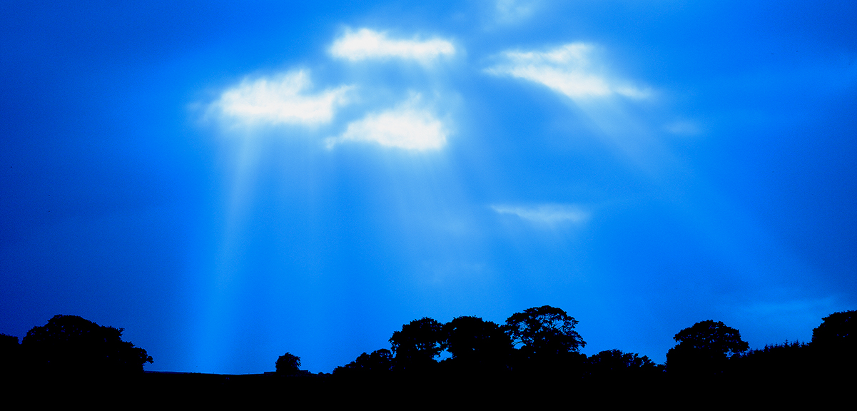 image of clouds with sunrays against silouetted trees with a blue filter over the image